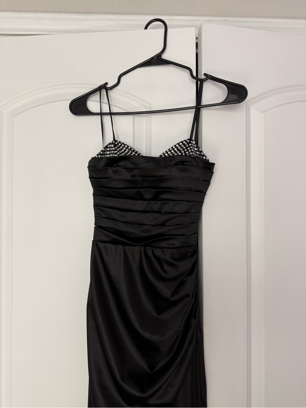 Black Satin Spaghetti Strap Evening Dress with Crystal Trim